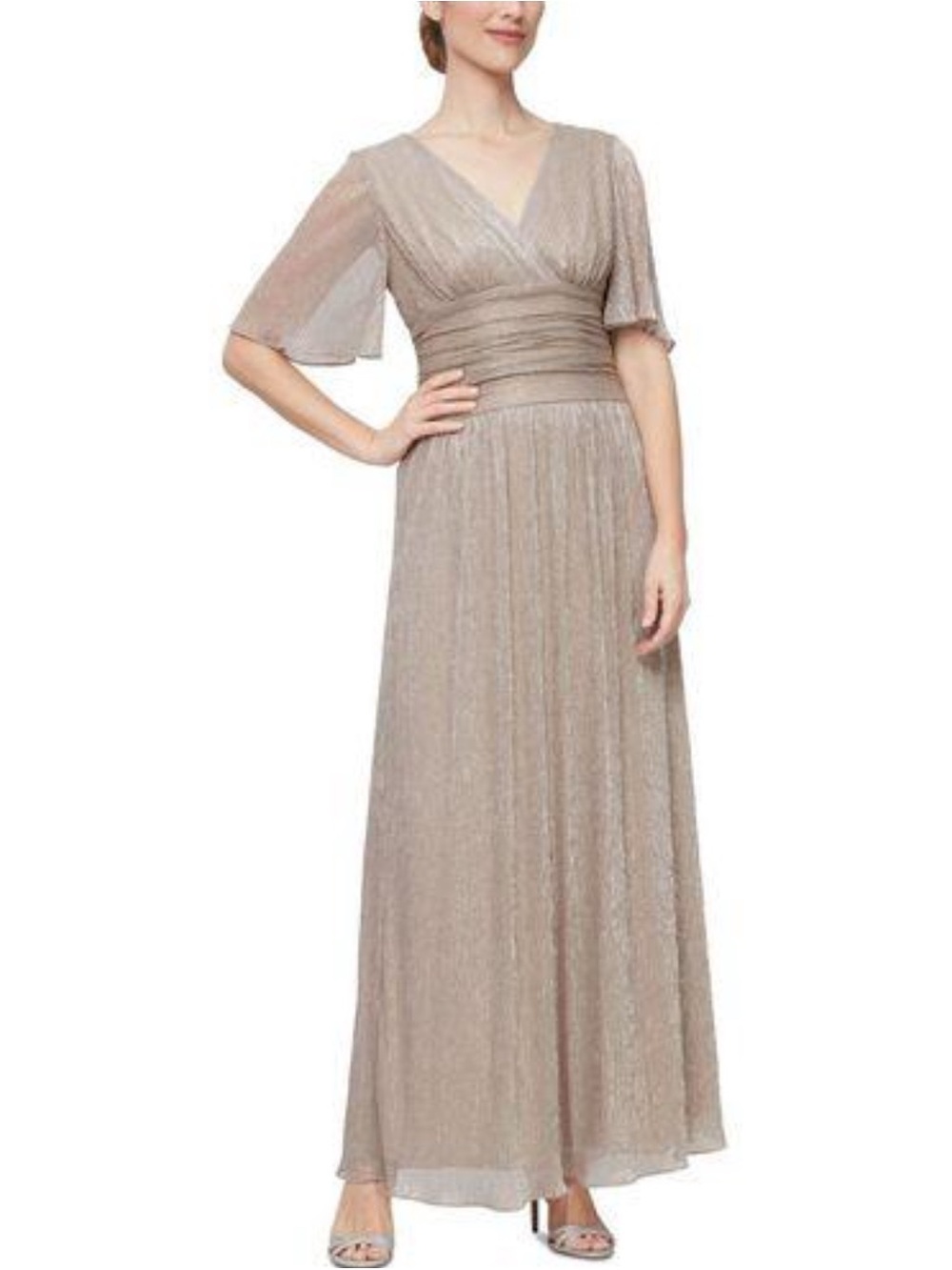 SL Fashions Metallic Taupe Flutter Sleeve Formal Gown Dress Size 6 NWOT